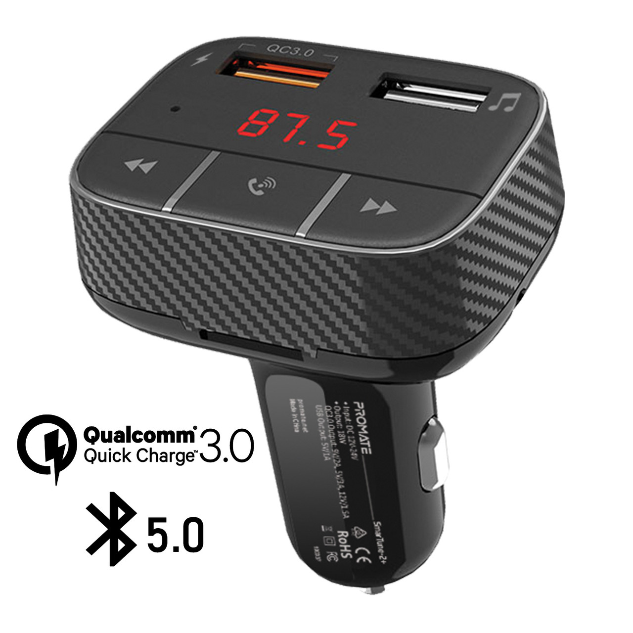 Bluetooth FM-трансмітер Promate SmarTune-2+ Bluetooth 5.0 USB QC 3.0 AUX/SD/USB Black (Уцінка) (ch_smartune-2+.black)