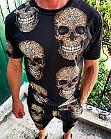 Чорний чоловічий річний комплект футболка з шортами принтованый з черепами