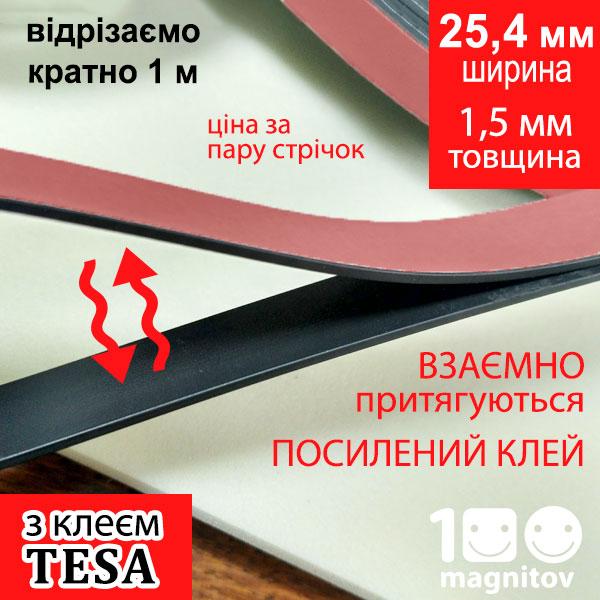 Магнітні стрічки 25,4 мм з посиленим клеєм TESA. Пара магнітних стрічок А+B. Товщина 1,5 мм, фото 1
