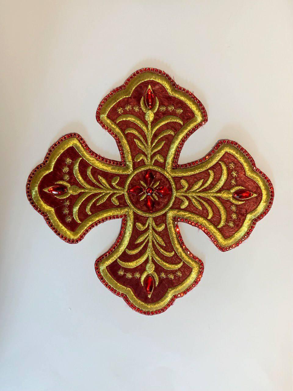 Хрест для церковного одягу великий 24 на 24 см бордовий з золотом зі стразами