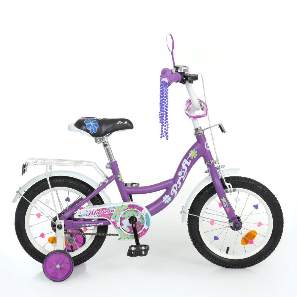 Велосипед дитячий двоколісний PROF1 Blossom Y14303N 14" колеса з багажником для дівчаток Фіолетовий