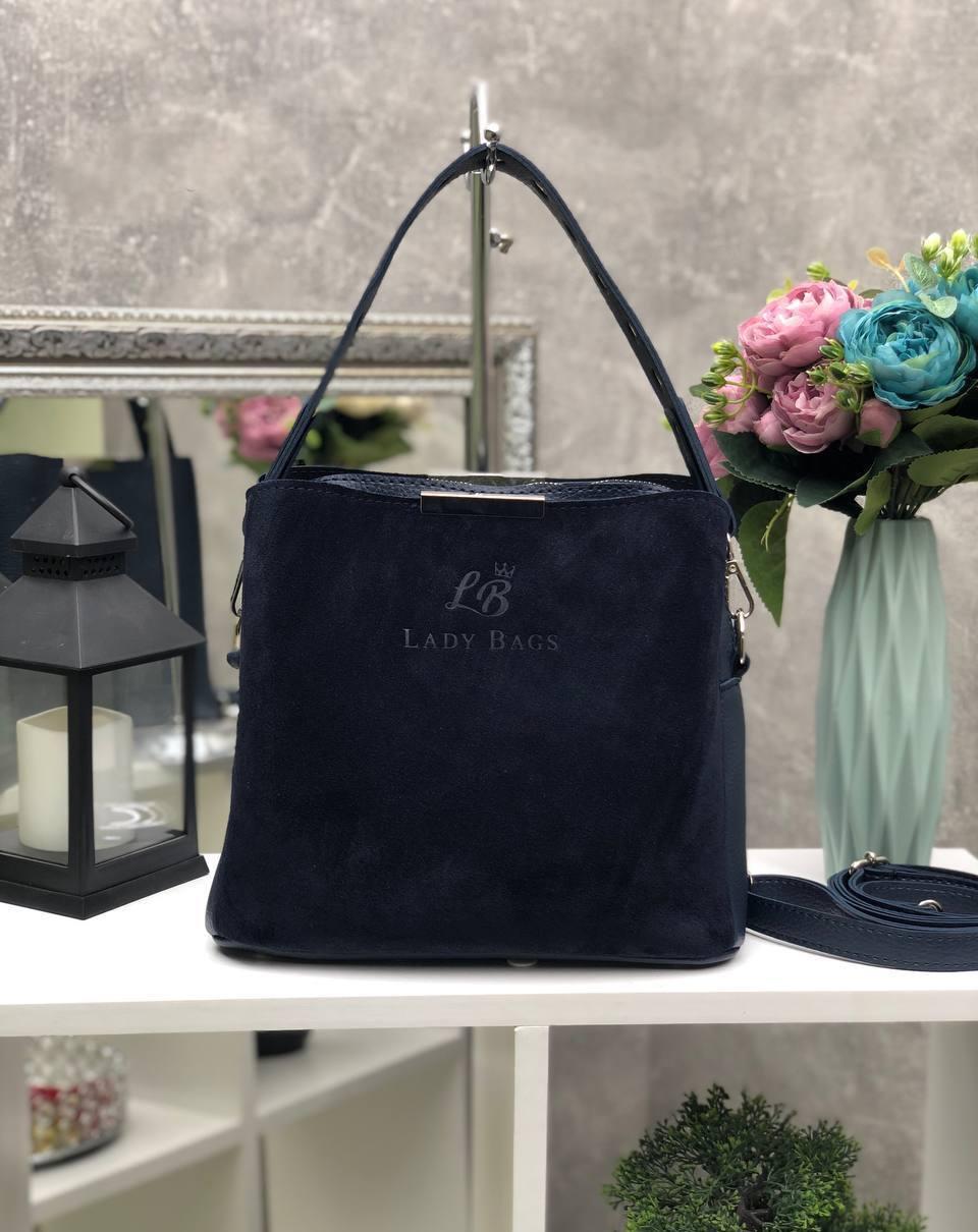 Жіноча сумка через плече стильна молодіжна кроссбоді синя замша+шкірзам