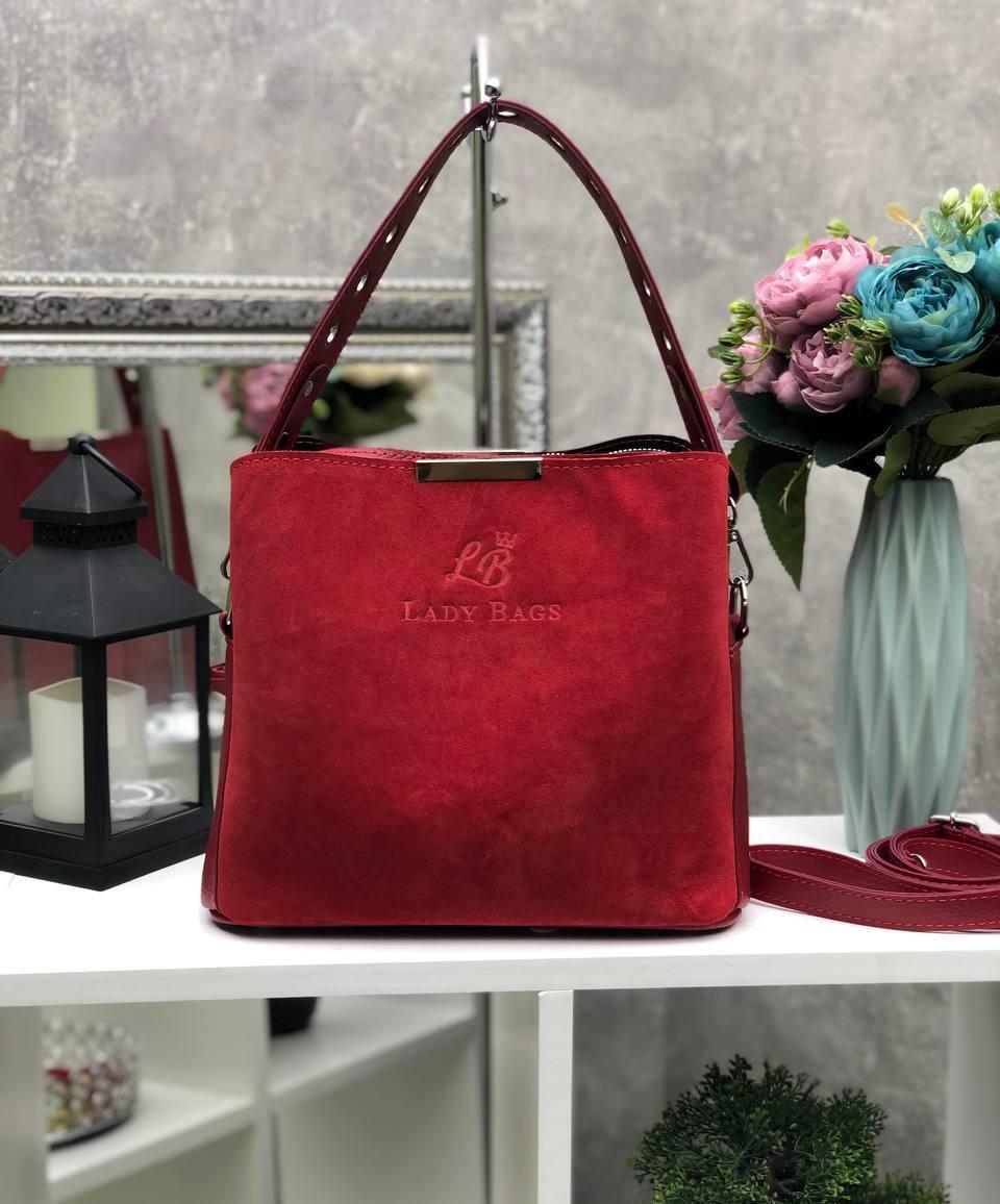 Жіноча сумка через плече стильна молодіжна кроссбоді червона замша+шкірзам, фото 1