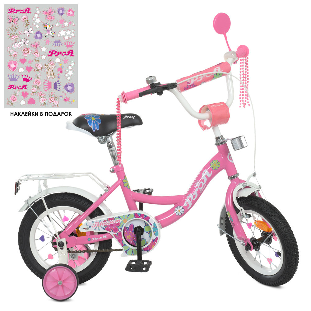 Дитячий двоколісний велосипед із дзеркалом PROFI Blossom Y12301N 12 дюймів колеса Рожевий
