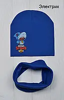 Детский базовый комплект шапка и хомут с принтом мультяшной Акулы оттенок Электрик