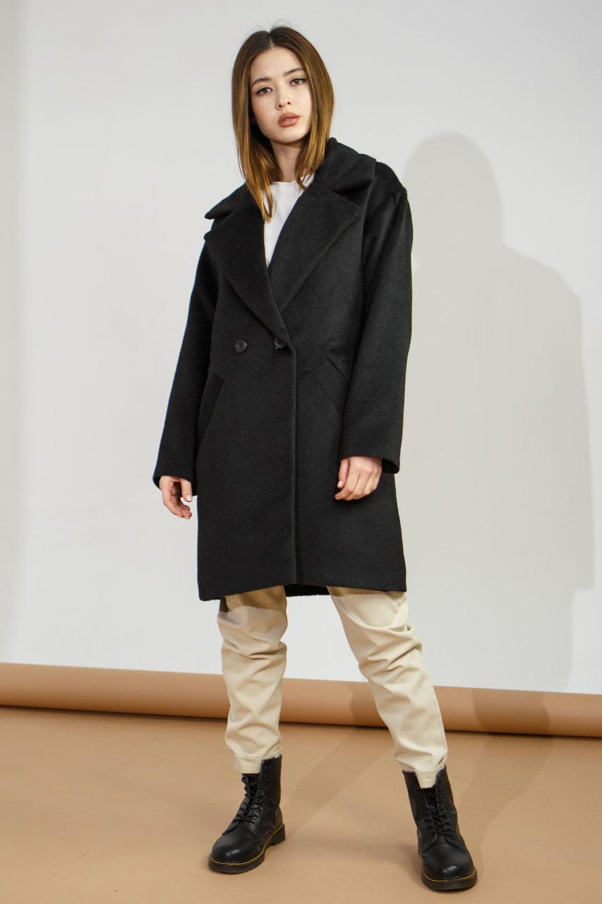 Пальто жіноче пряме демісезонне двобортне оверсайз 48 чорне, фото 1