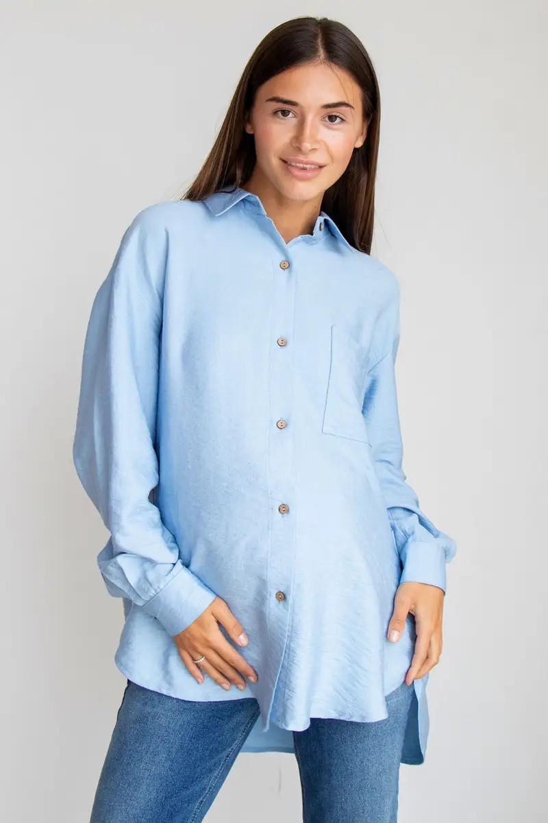 Голубая рубашка для беременных и кормящих мам на пуговицах из натуральной хлопковой "жатки", 3101711-Г 46 - фото 1 - id-p1666510770