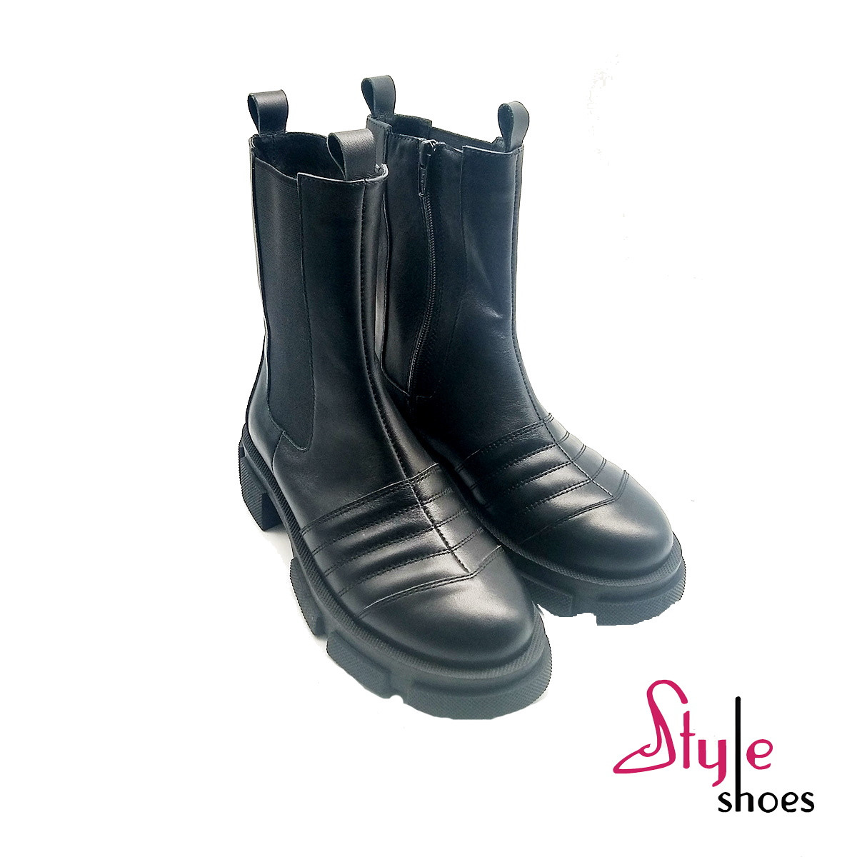 Зимові жіночі черевики челсі на гумці та блискавці зі шкіри чорного кольору «Style Shoes», фото 1