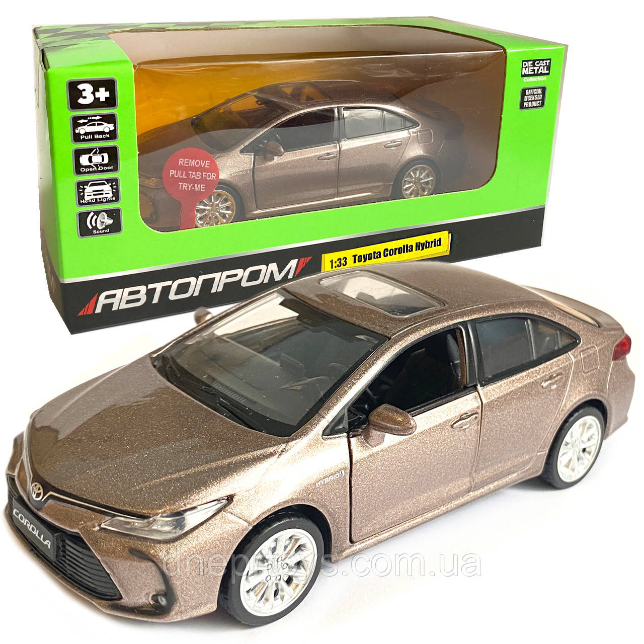 Машинка іграшкова металева Toyota Corolla Hybrid Автопром Тойота Королла гібрид, бронза, світло, звук, відкр. двері, 14*6*4 см, фото 1