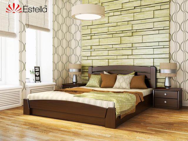 Двоспальне дерев'яне ліжко Estella Селена-Аурі в темному кольорі-горіх_101 в інтер'єрі