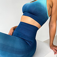 Женский яркий спортивный костюм бесшовный для фитнеса и йоги, утягивающая одежда топ и лосины плотная голубые