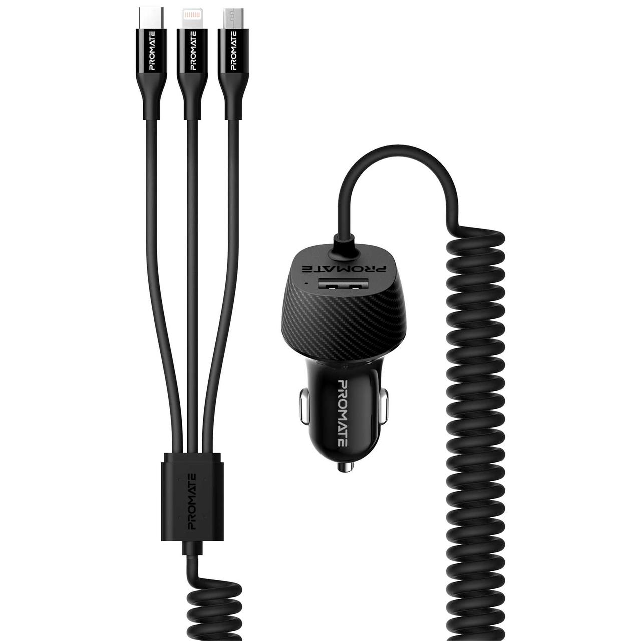 Автомобільний зарядний пристрій Promate Voltrip-Duo 17Вт 2 USB + Multi-Connector Black (Уцінка) (ch_voltrip-uni.black)