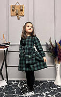 Модное байковое платье с сумочкой для девочки в клетку, зеленое на 2 года
