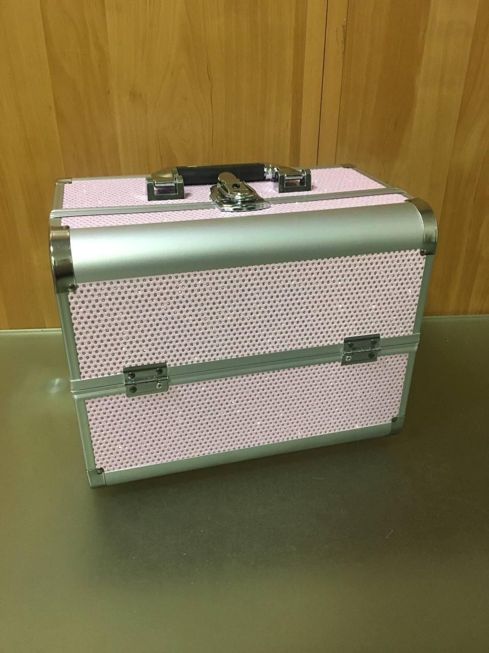 Алюмінієвий кейс для косметики з висувними полками 2629, рожевий з стразами