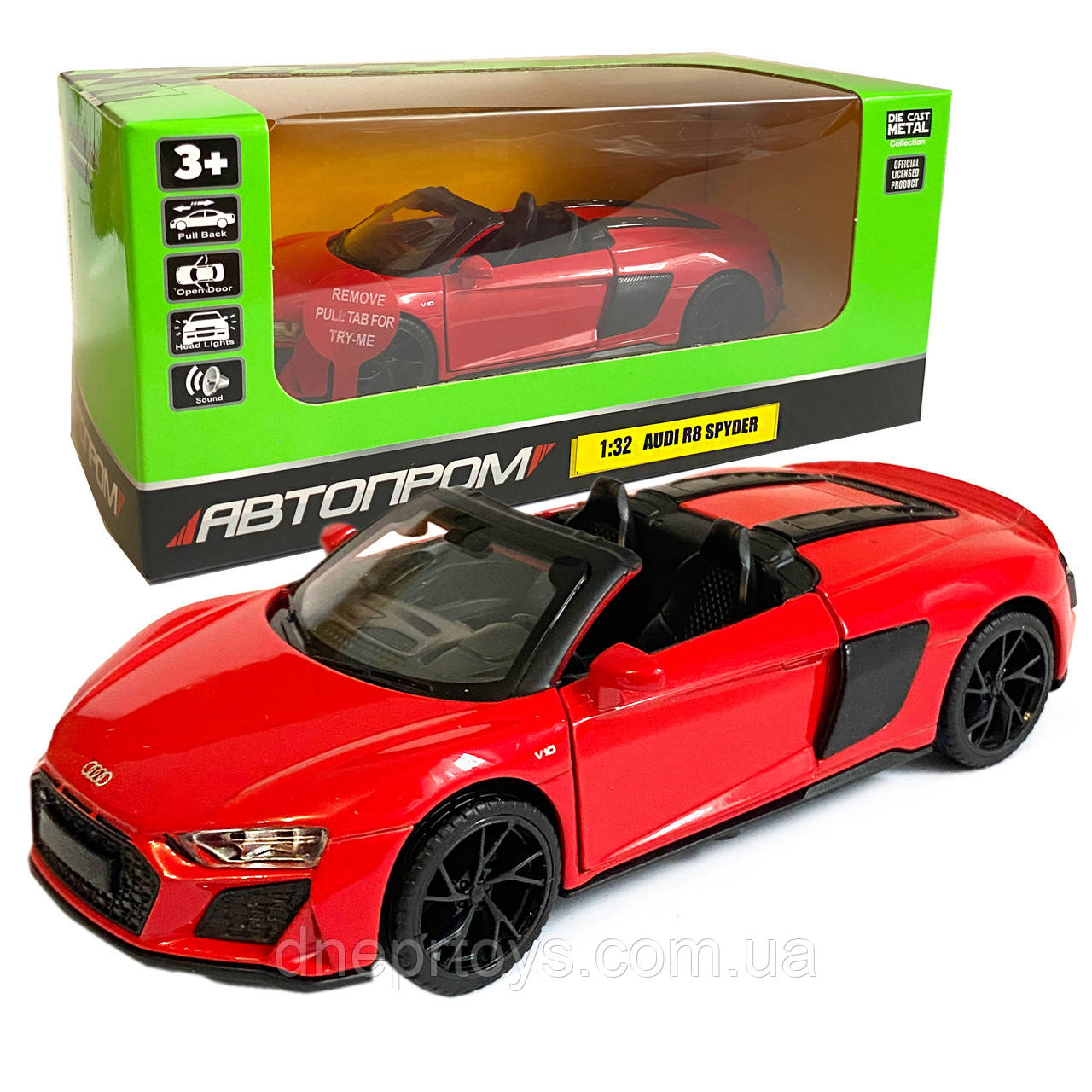 Іграшкова машинка металева Audi R8 Spyder (Ауді спайдер) «Автопром», червона, батар., світло, звук, відкр.двері, від 3 р., 14*6*4,