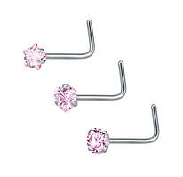 Набір з 3-х нострил для пірсингу носа L-подібні, ніжно-рожеве каміння