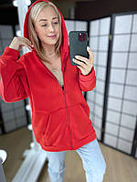 Женский свитер худи батник с капюшоном карманом на змейке удлинённый красный тёплый трикотаж на флисе