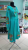 Длинное женское платье вышиванка "Петриковская роспись" из льна длинный рукав под заказ бирюзовое