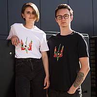 Футболка (парні однакові для сім'ї) чорна для дівчини/хлопця принт ГЕРБ УКРАЇНИ В КВІТАХ розмір L REGULAR