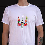 Чоловіча/жіноча футболка розмір L (50) з малюнком ГЕРБ УКРАЇНИ В КВІТАХ модна якісна біла бавовняна REGULAR, фото 4
