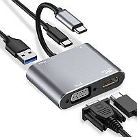 USB-Концентратор 4 в 1, TYPE-C (папа) - HDMI 4K * VGA * USB 3.0 * Type-C (мама), TRY PLUG, серый