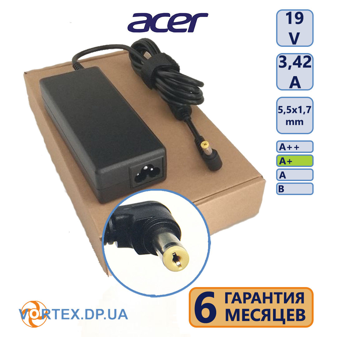 Зарядний пристрій для ноутбука 5,5-1,7 mm 3,42A 19V Acer клас A+, фото 1