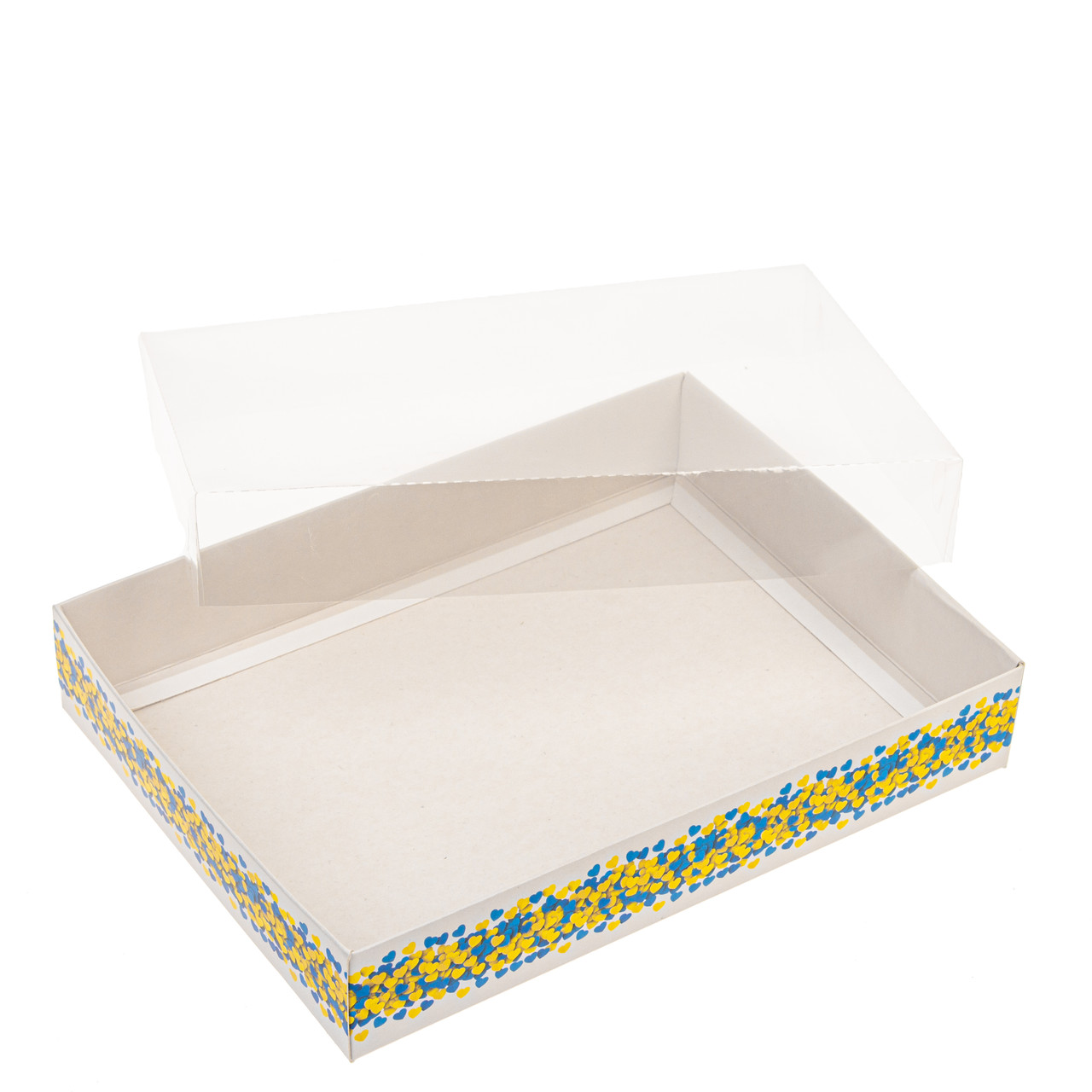 Коробка 200х150х35 для пряника з прозорою кришкою "Серця патріотичні", фото 1