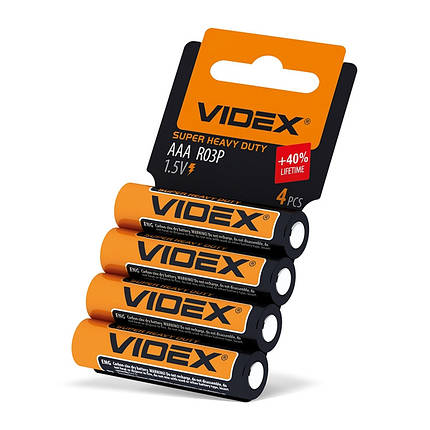 Батарейки сольові Videx R03P/AAA  SHRINK CARD блістер 4шт. R03P/AAA 4pcs SC, фото 2