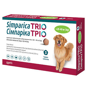 Zoetis Simparica Trio Симпарика Тріо від бліх, кліщів і гельмінтів для собак вагою 20,1 — 40 кг (1 таб)