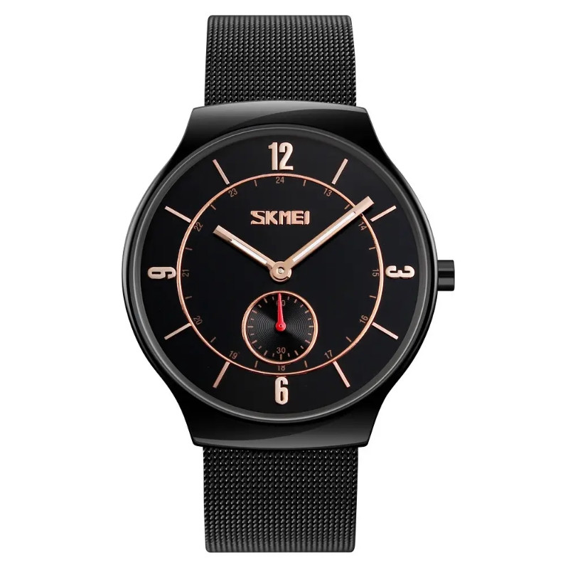 Класичний чоловічий годинник Skmei 9163 design чорні з золотими стрілками, фото 1
