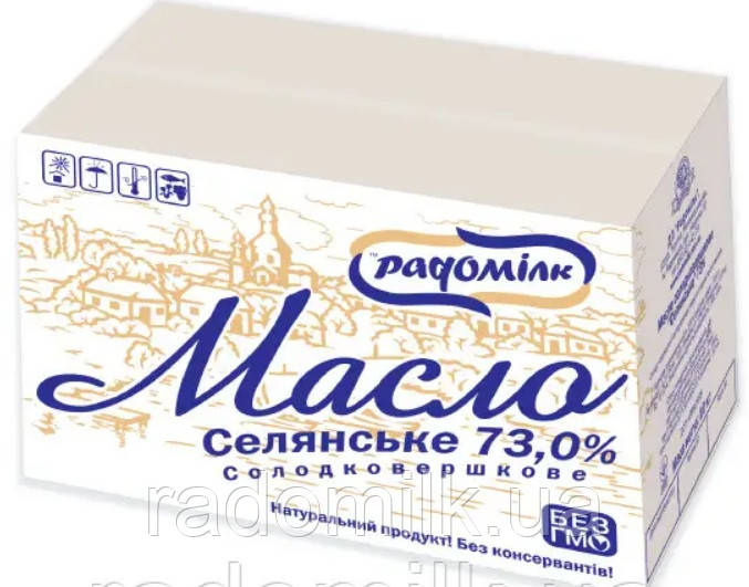 Масло селянське солодковершкове 73% жирності в ящиках по 10 кг,  ТМ Радомілк