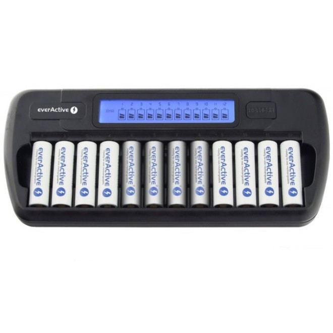 Зарядний пристрій для акумуляторів everActive NC-1200 |12 каналов, Ni-Cd/Ni-Mh, 220V/12V| Чорний