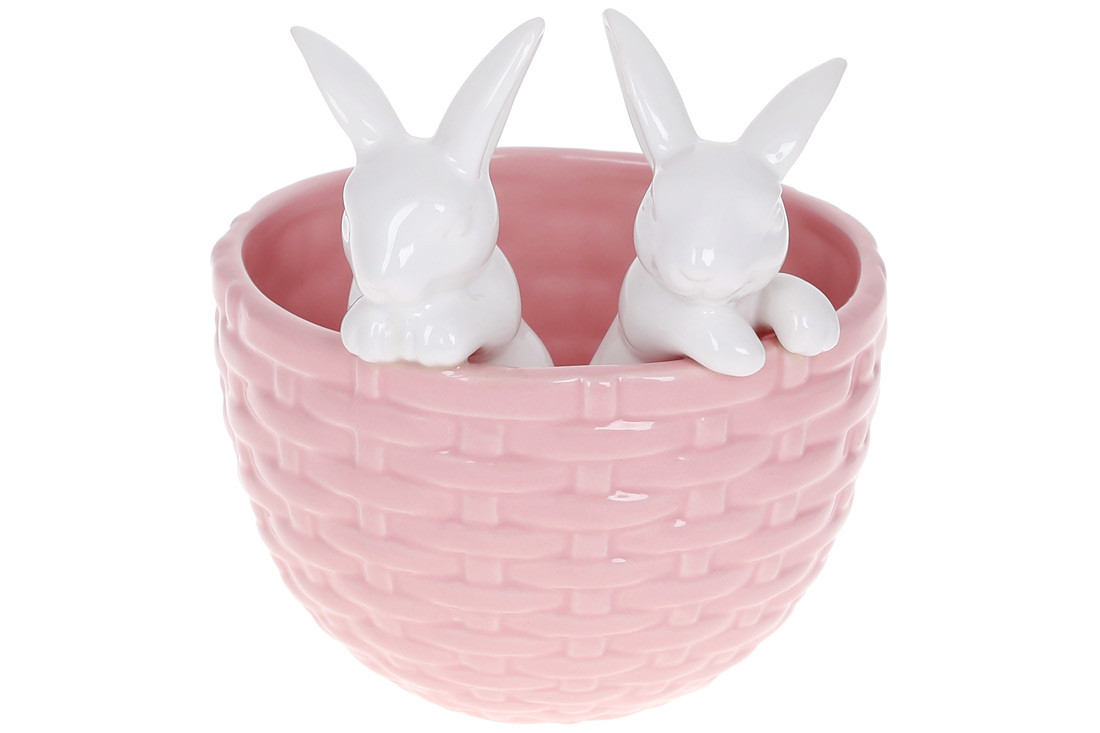 Кашпо декоративне Кролики в кошику, 15см, колір - рожевий з білим ТОВАР ВІД ВИРОБНИКА