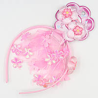 Набір для волосся дитячий ніжно-рожевого кольору з квіточками обруч із гумкою та двома шпильками хлопавками