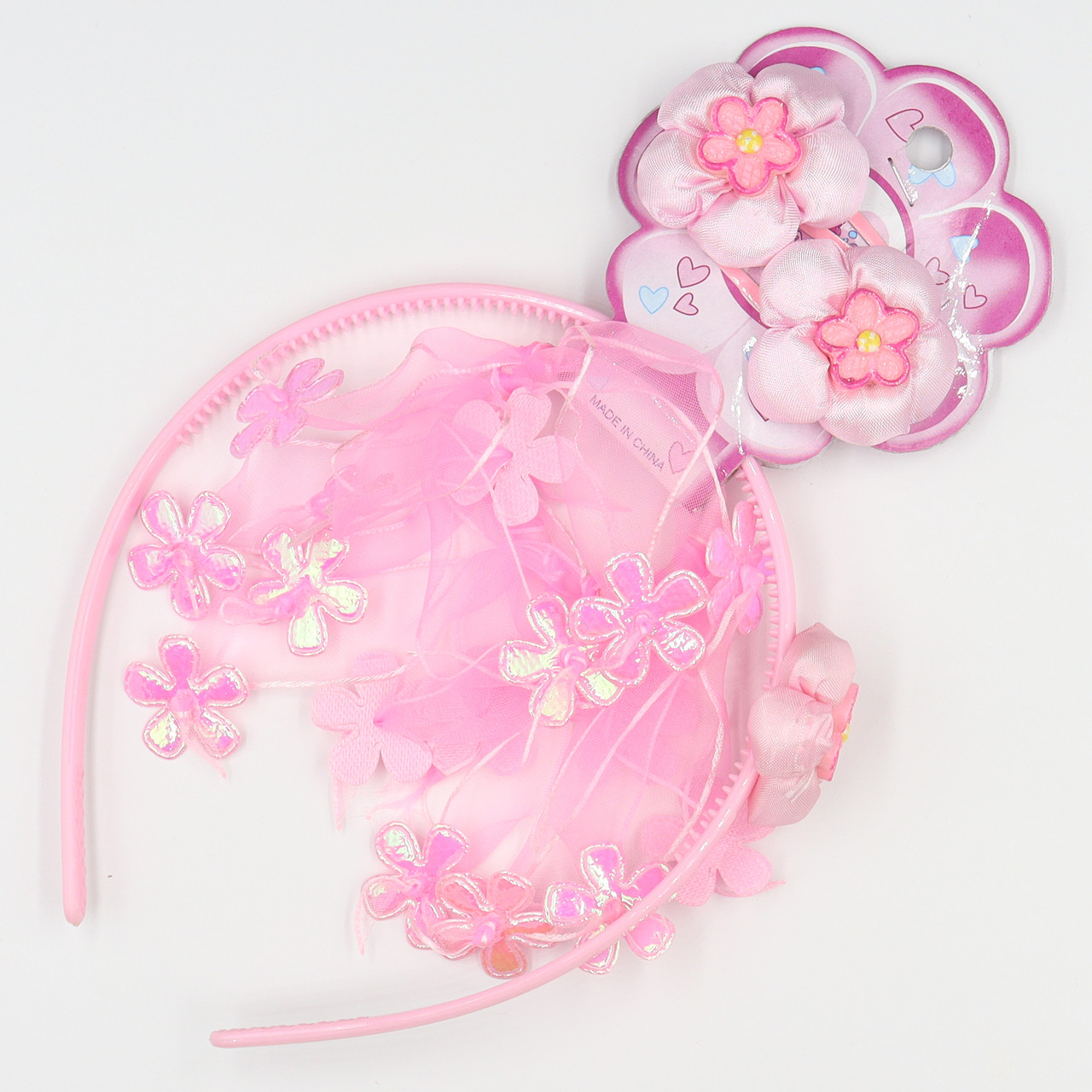 Набір для волосся дитячий ніжно-рожевого кольору з квіточками обруч із гумкою та двома шпильками хлопавками - фото 1 - id-p1666952681