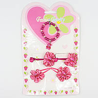 Набір подарунковий дитячий рожевого кольору з ведмежами браслет + дві тонкі гумки + дві шпильки бавовни