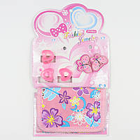 Набір подарунковий дитячий рожевого кольору три шпильки сердечка + дві гумки метелика + гаманець із квіточками
