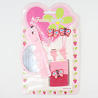 Набір подарунковий дитячий рожевого кольору дзеркальце + гребінець + партиля шпильки метелика та бантики + шесть гумочок