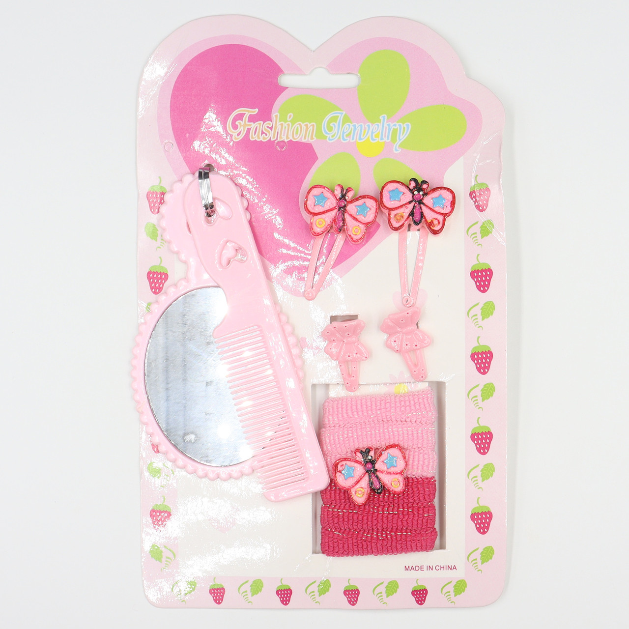 Набір подарунковий дитячий рожевого кольору дзеркальце + гребінець + партиля шпильки метелика та бантики + шесть гумочок - фото 1 - id-p1666971744