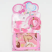 Набір подарунковий дитячий рожевого кольору три шпильки затискач сердечка + три ребристі гумочки + гаманець барбі