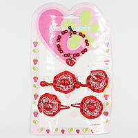 Набір подарунковий дитячий червоного кольору із сердечками браслет + дві тонкі гумки + дві шпильки бавовни