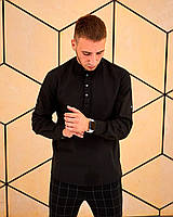 Рубашка мужская льняная с длинным рукавом летняя классическая повседневная As V5 черная
