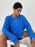 Женский свитер кофта синий рванка короткая трендовый шерстяной Турция|Мега модный свитер для девушек рваный