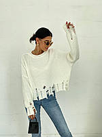 Женский свитер кофта белый рванка короткая трендовый шерстяной Турция|Мега модный свитер для девушек рваный