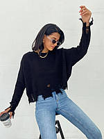 Женский свитер кофта чёрный рванка короткая трендовый шерстяной Турция|Мега модный свитер для девушек рваный