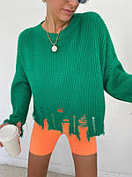 Женский свитер кофта зелёный рванка короткая трендовый шерстяной Турция|Мега модный свитер для девушек рваный