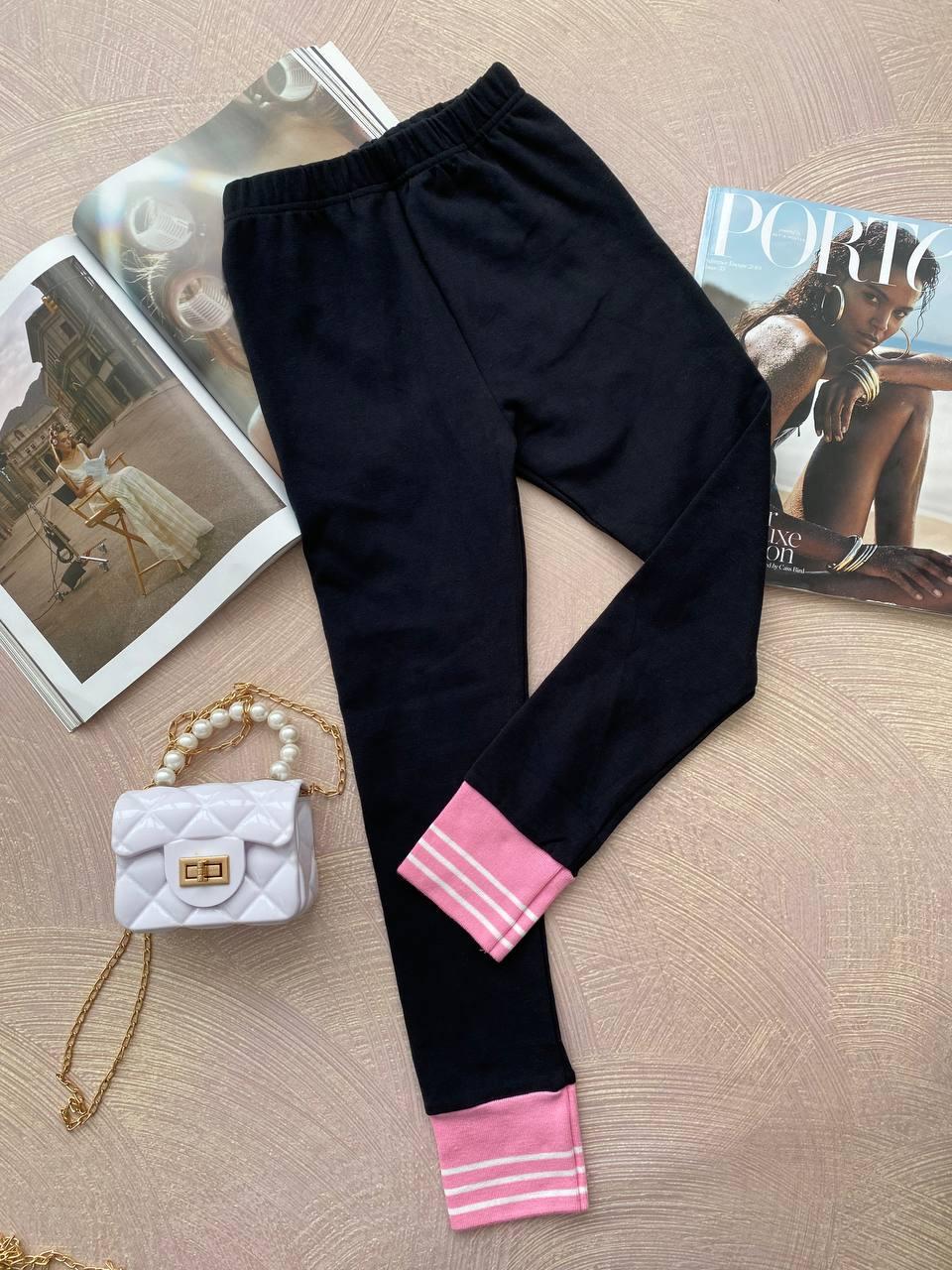 Штани лосини для дівчинки з рожевим манжетом Чорні GA-812 66, Черный, Для девочек, Весна Осень, 140 , 9 лет, фото 1