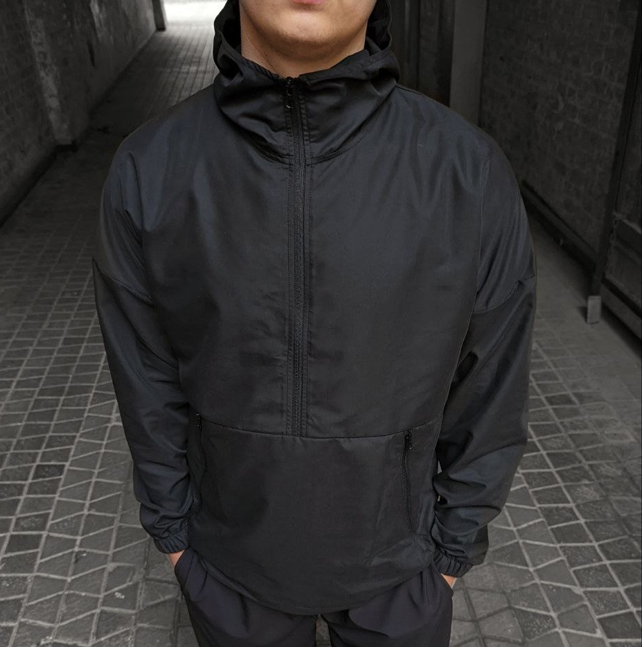 Куртка-анорак чоловіча вітрівка осінь-весна демісезонна з капюшоном чорна. Живе фото, фото 1