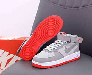 Чоловічі кросівки Nike Air Force 1 High Grey White Red високі Аїр Форс світло-сірі з червоним шкіряним осінням