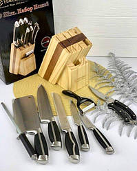 Набір кухонних ножів на підставці 9 предметів Edenberg EB-3612 Ножі з неіржавкої сталі Бамбукова підставка